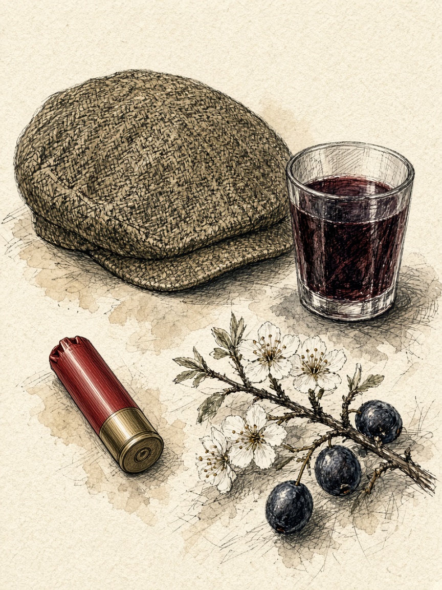 A drawing of a tweed cap, sloe gin, a shotgun cartridge and blackthorn