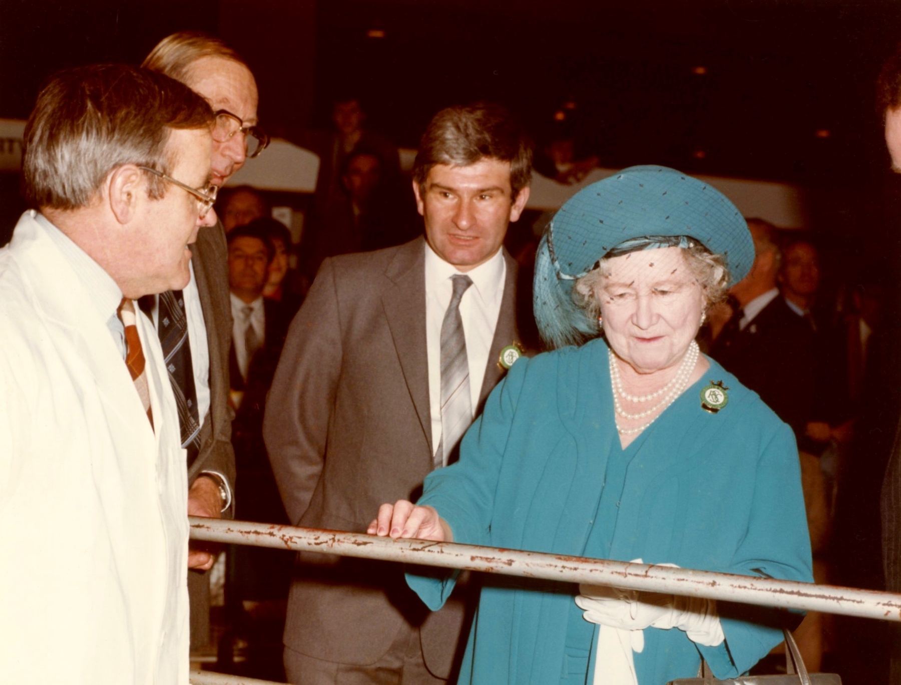 Dick Gough and Reg Simpkin with Queen Elizabeth the Queen Mother at Smithfield in 1983