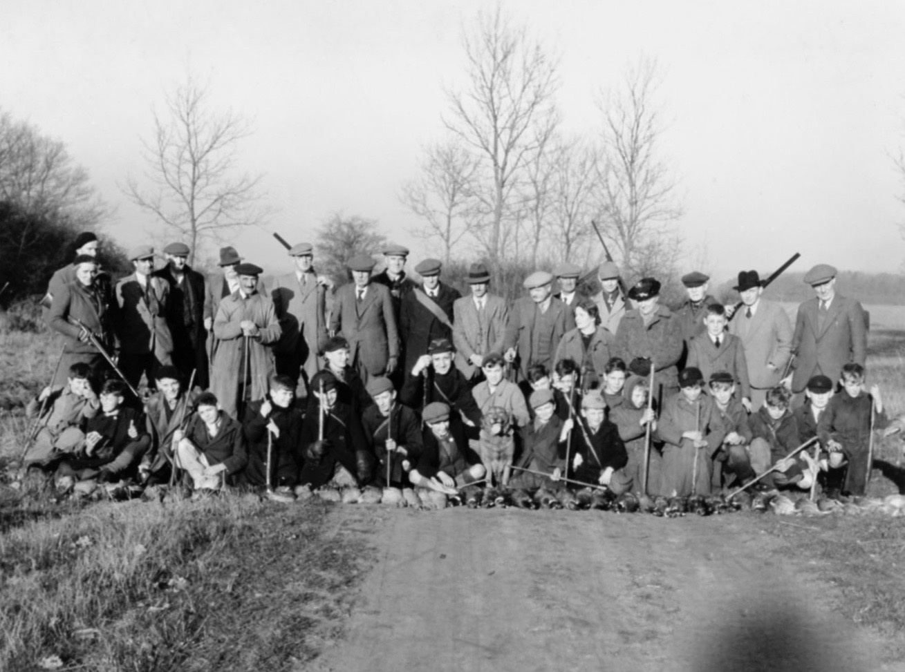 Guns, beaters and the bag at Lackford Shoot in December 1942